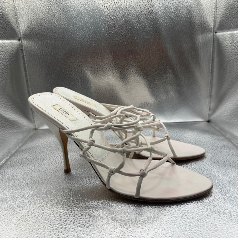 Size 40 Prada Cage Sandals Womens White Good Knotted Strappy Stiletto‎ Mules